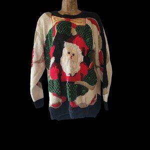 Vtg 80s 90s Hand-Knit Ugly Christmas Sweater With Santa Claus & Festive Design